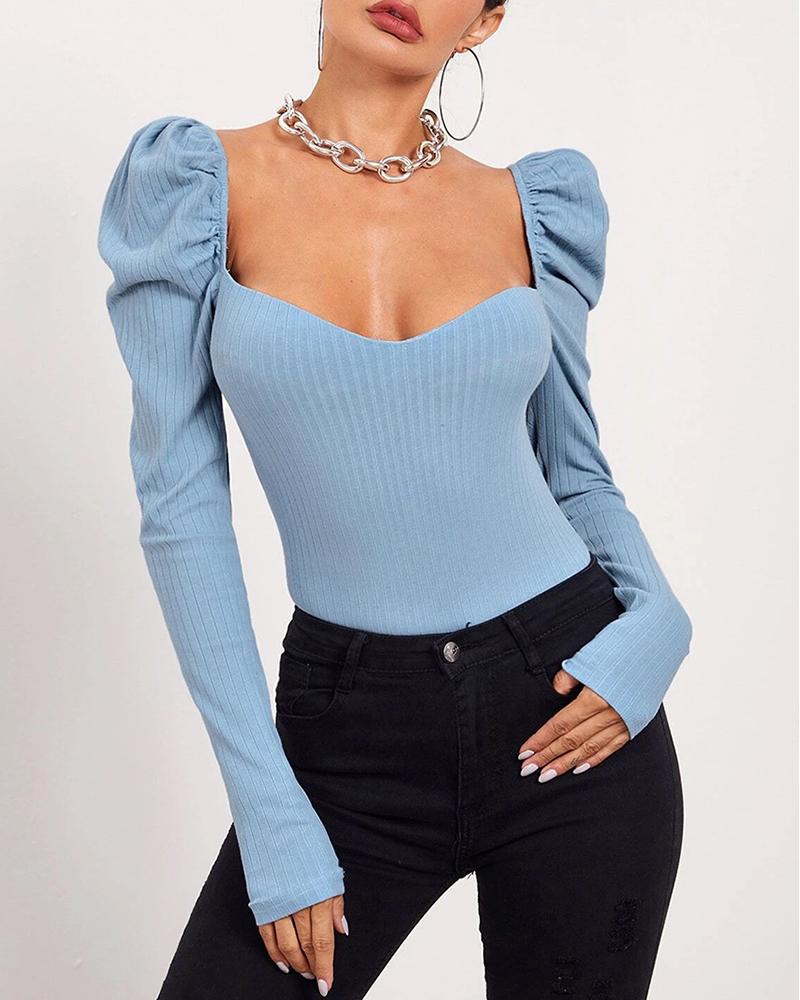 

Puff Sleeve V Neck Skinny Ruched Top, Blue