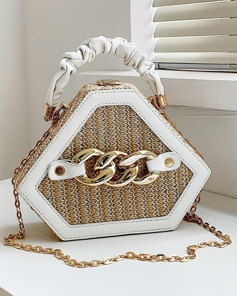 

Trendy Chain Decor Top Handle Straw Geometrical Crossbody Bag, White