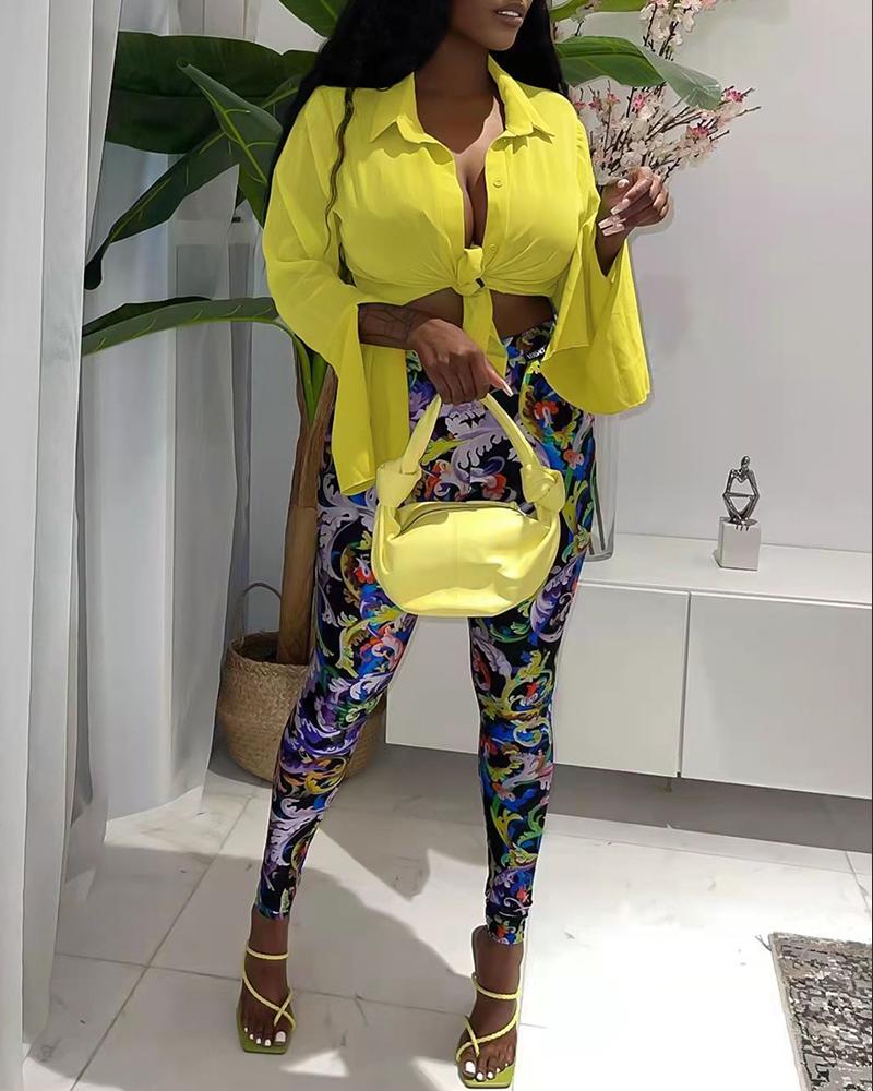 

Tied Detail Buttoned Top & Baroque Print Pants Set, Yellow