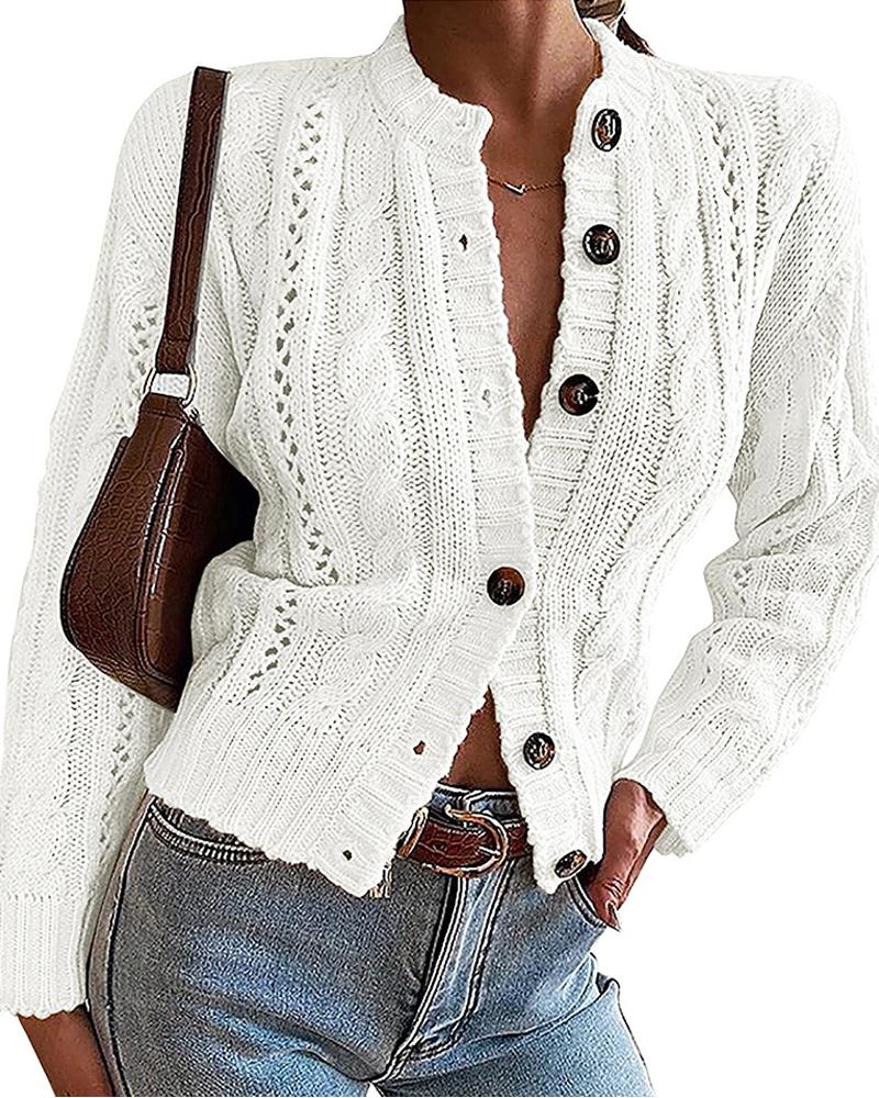 

Long Sleeve Cable Knit Buttoned Cardigan, White