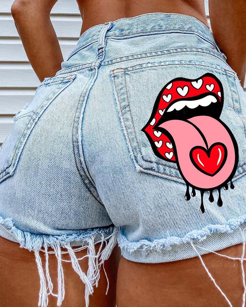 

Raw Hem Fringe Lip Heart Print Denim Shorts, Blue