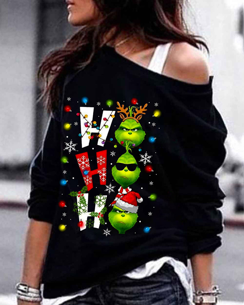 

Christmas Long Sleeve Grinches Letter Print Cold Shoulder Top, Black