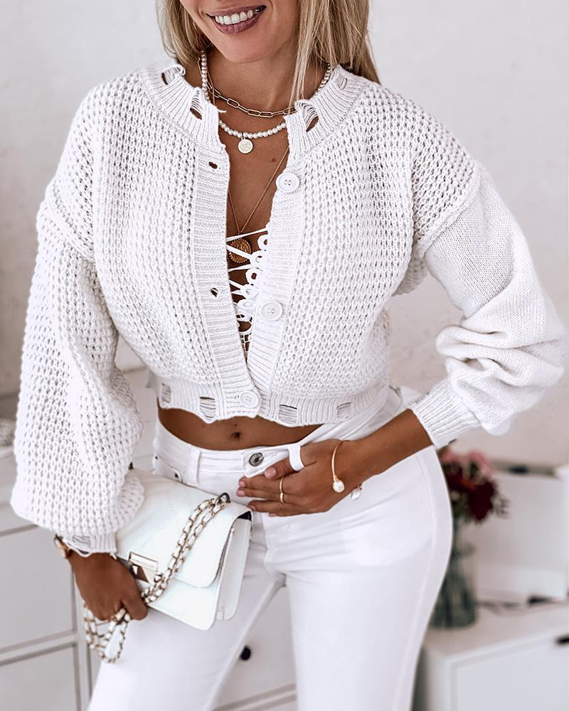 

Lantern Sleeve Buttoned Crop Cardigan, White