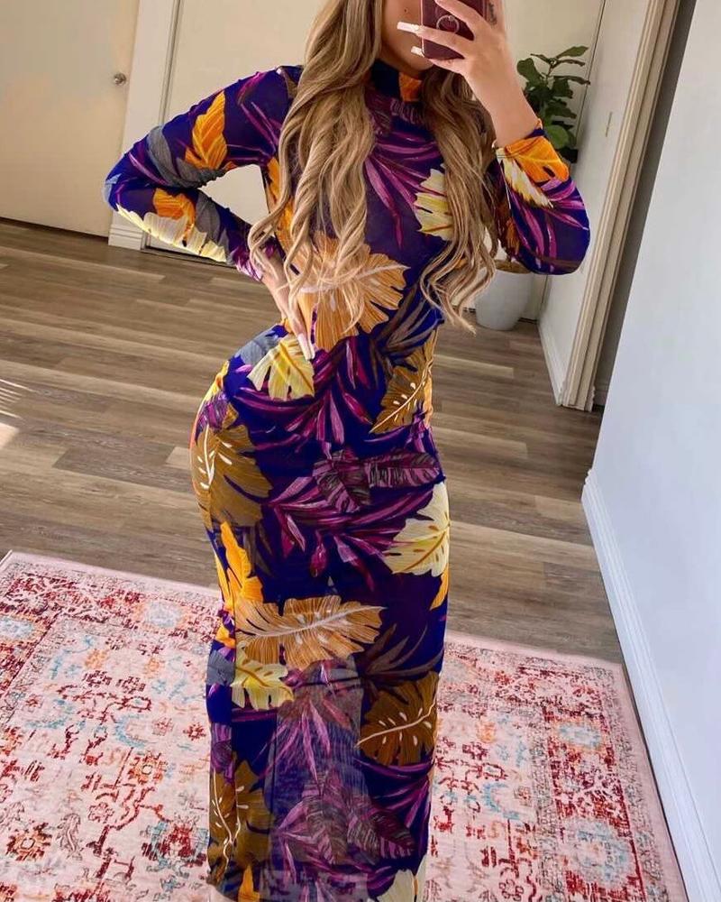 

Plants Print Long Sleeve Backless Maxi Dress, Purple