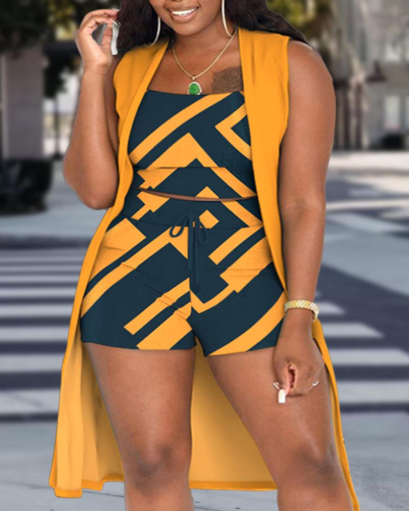 

Plus Size 3PCS Geometric Print Ribbed Tank Top & Shorts Set With Vest Coat, Yellow