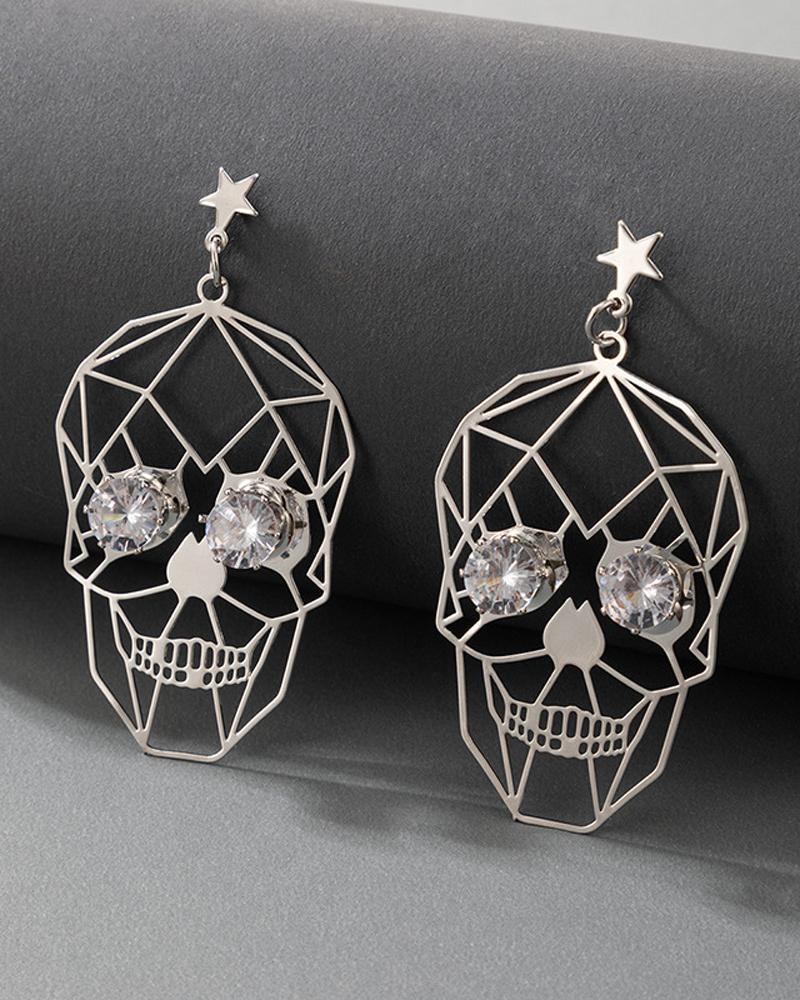 

1Pair Halloween Punk Rhinestone Skull Shaped Drop Earrings, Silver