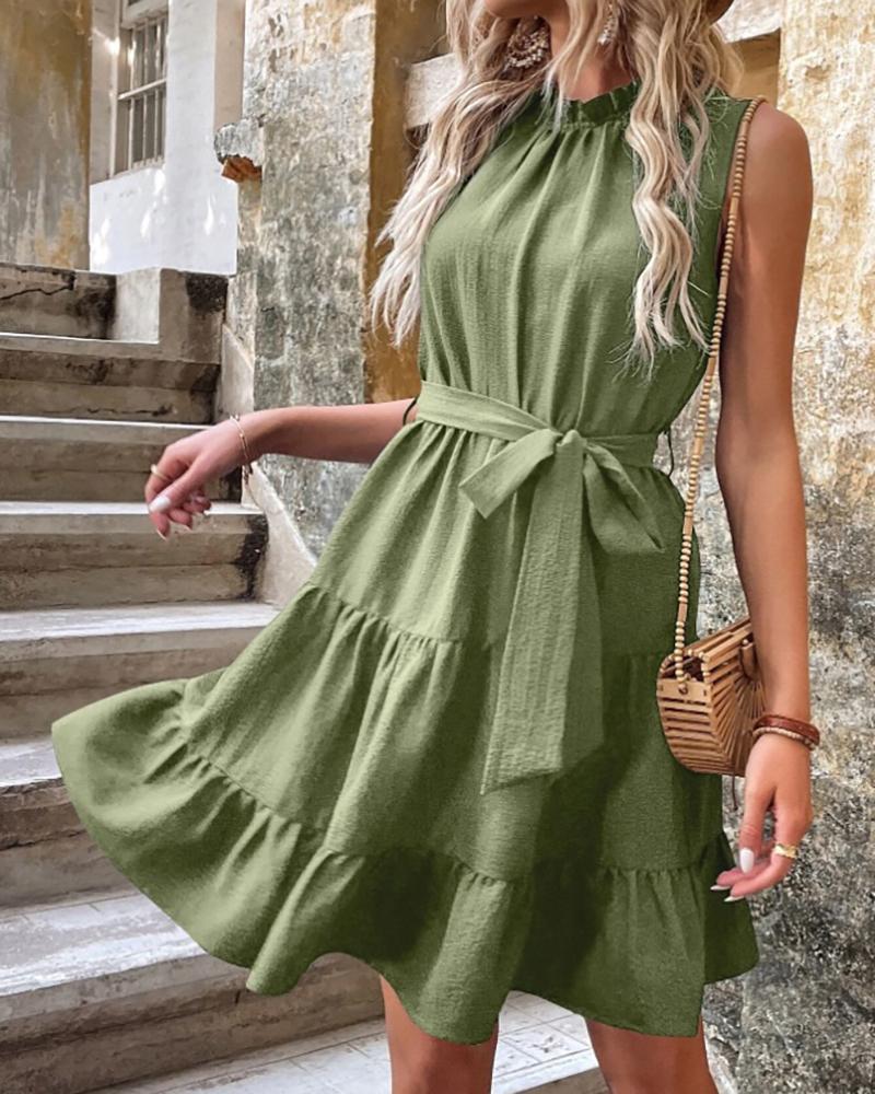 

Frill Hem Sleeveless Smock Swing Dress, Green