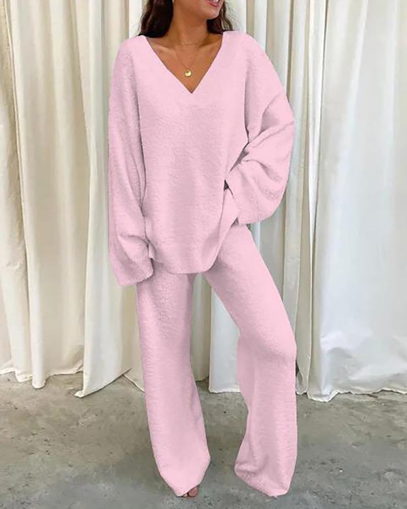 

V-Neck Long Sleeve Casual Top & Pants Set, Pink