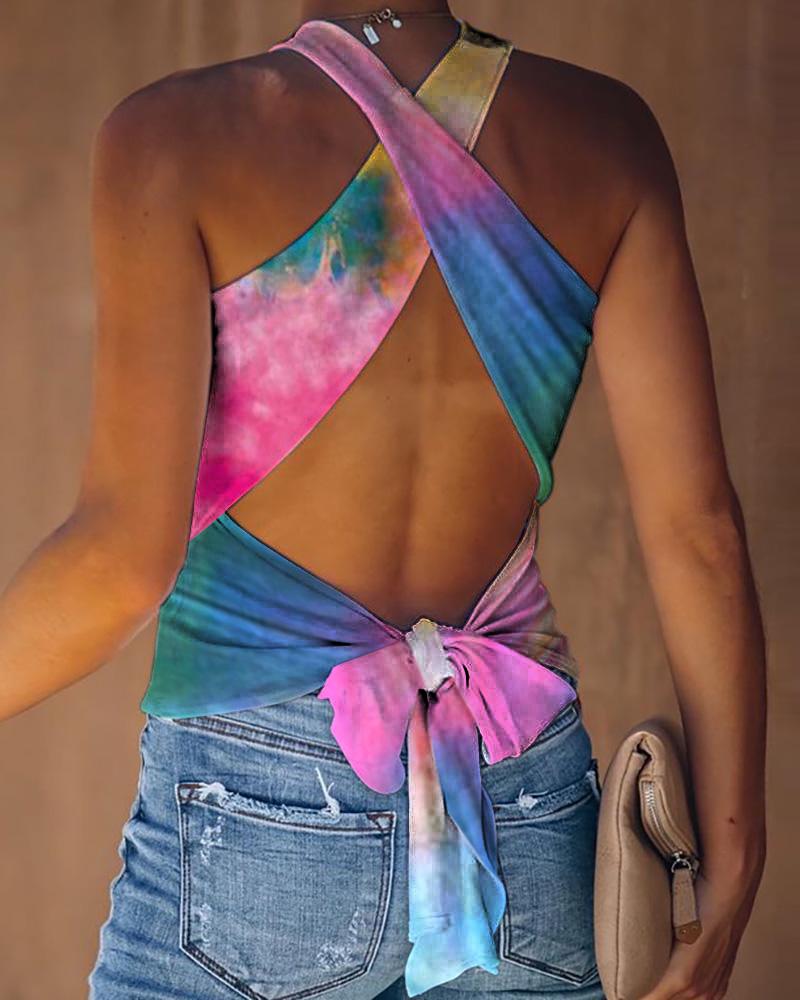 

Tie Dye Print Crisscross Halter Backless Knotted Top, Multicolor