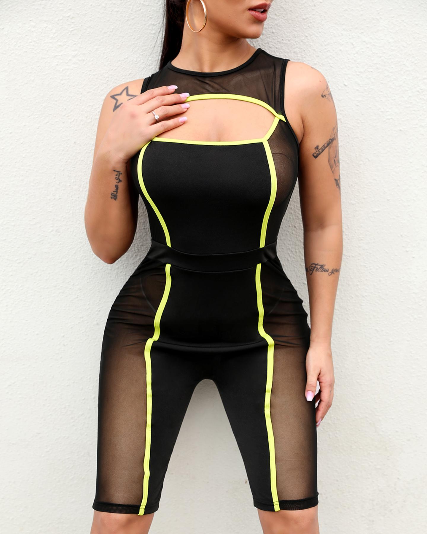 

Contrast Piping Sheer Mesh Cutout Biker Romper, Yellow