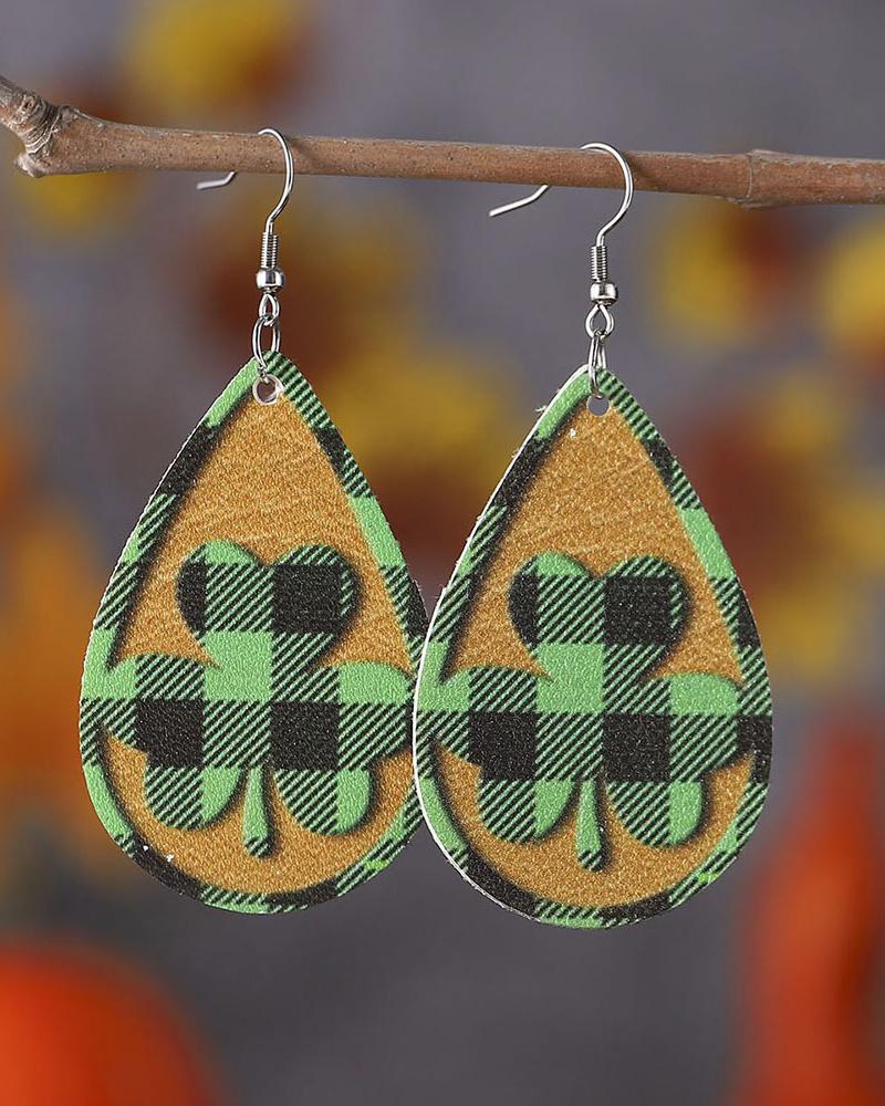 

1Pair St. Patrick's Day Clover Emboss Plaid Drop Earrings, Green