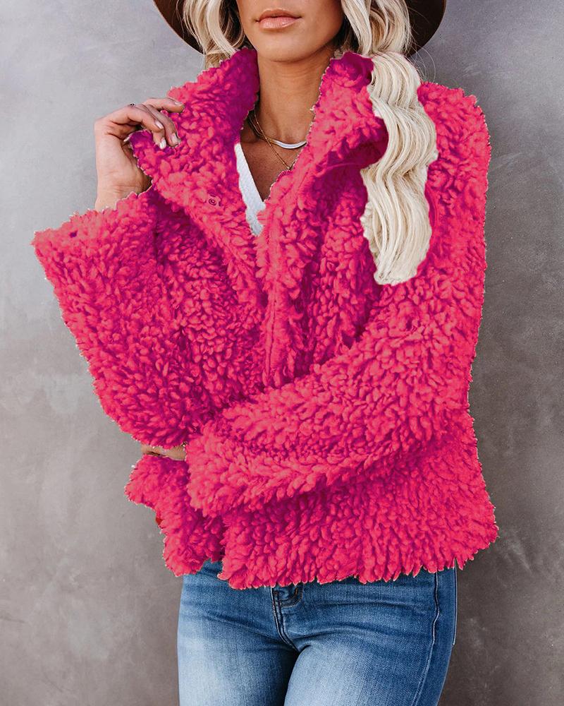 

Long Sleeve Open Front Casual Teddy Coat, Red