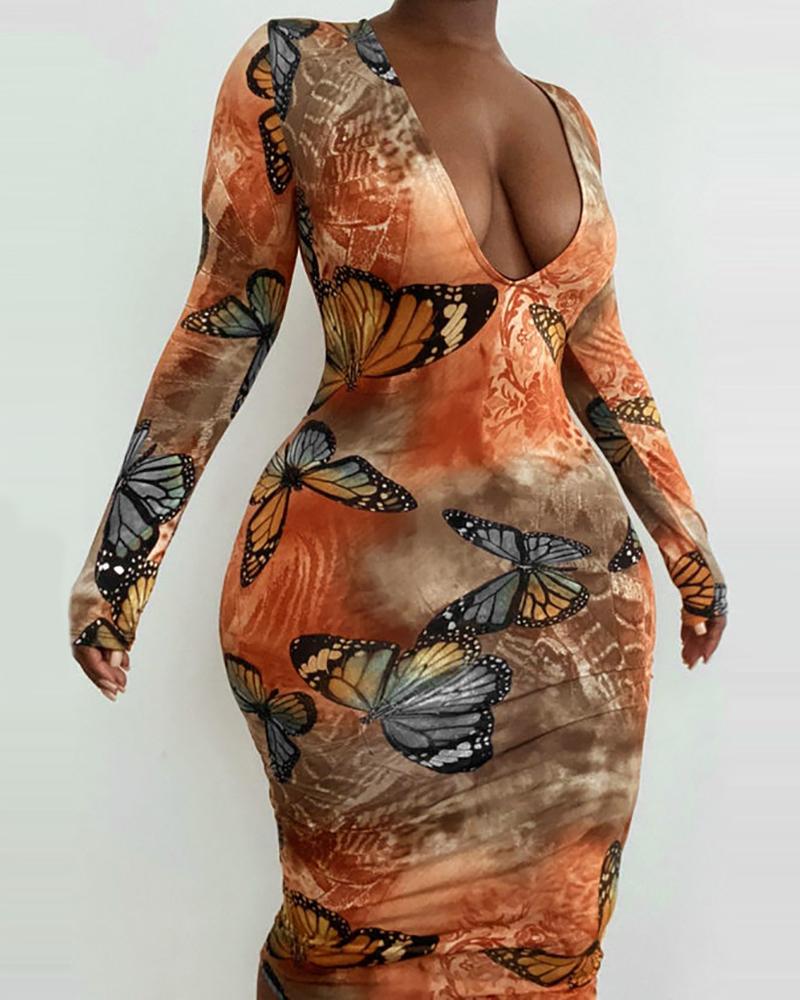 

Tie Dye Butterfly Print Plunge Long Sleeve Dress, Orange