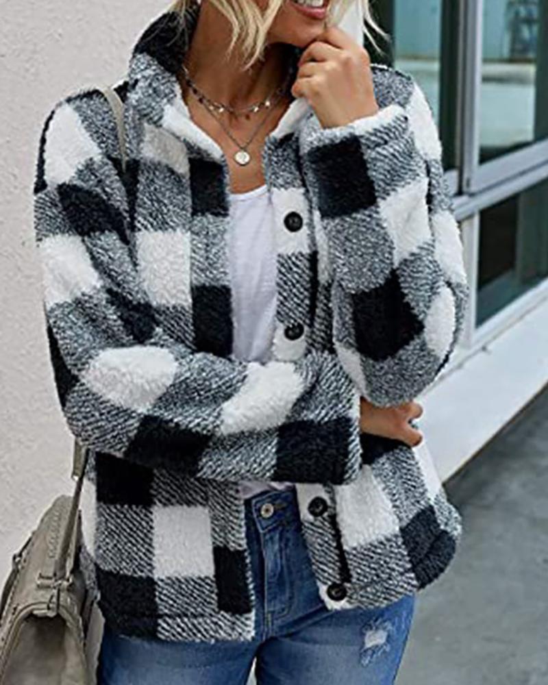 

Plaid Print Button Front Long Sleeve Shacket, Black