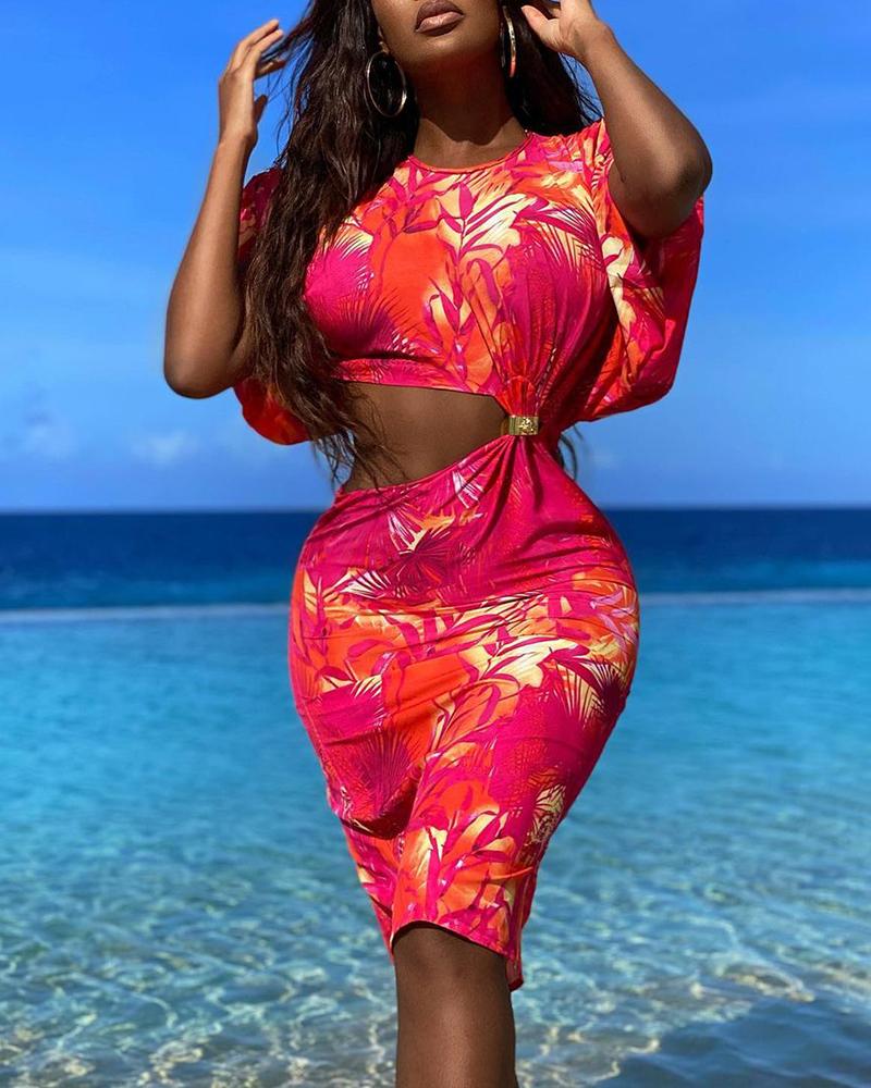 

Cutout Ruched Metal Decor Tropical Print Dress, Hot pink