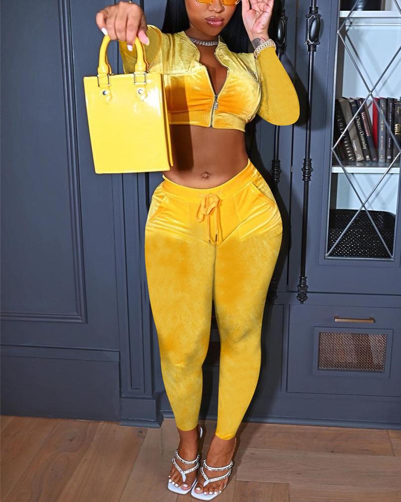 

Velvet Long Sleeve Zip Up Coat & Drawstring Pocket Pants Set, Yellow
