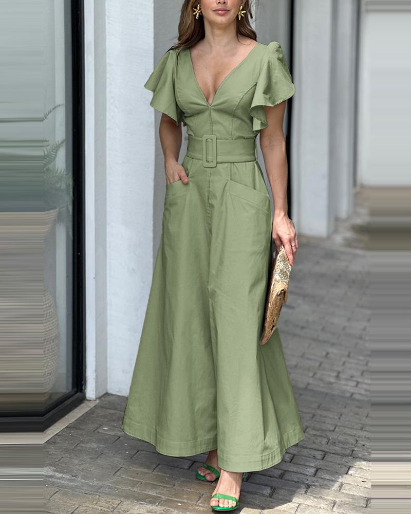 

Bell Sleeve Slit Front Pocket Design Maxi Dress, Green