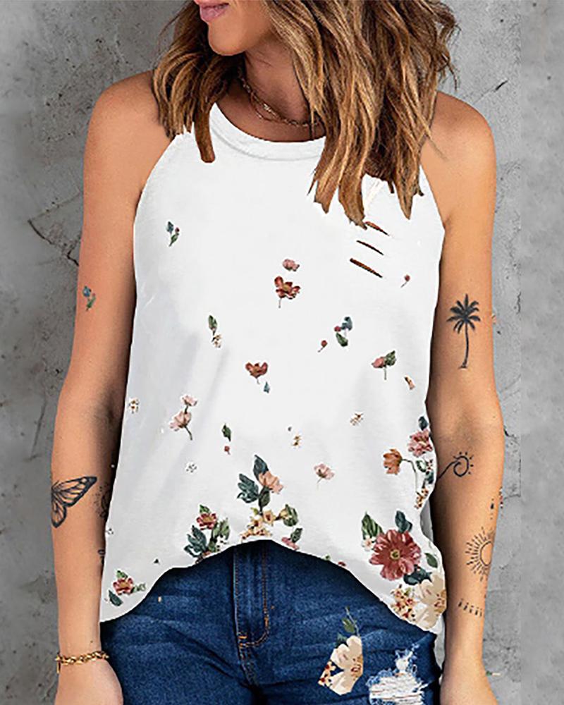 

Sleeveless Floral Print Casual Top, White