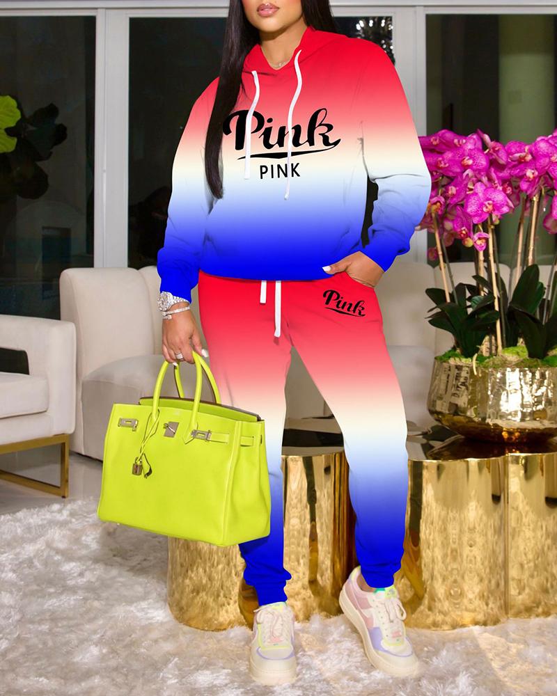 

Letter Print Ombre Colorblock Hooded Sweatshirt & Pants Set, Red