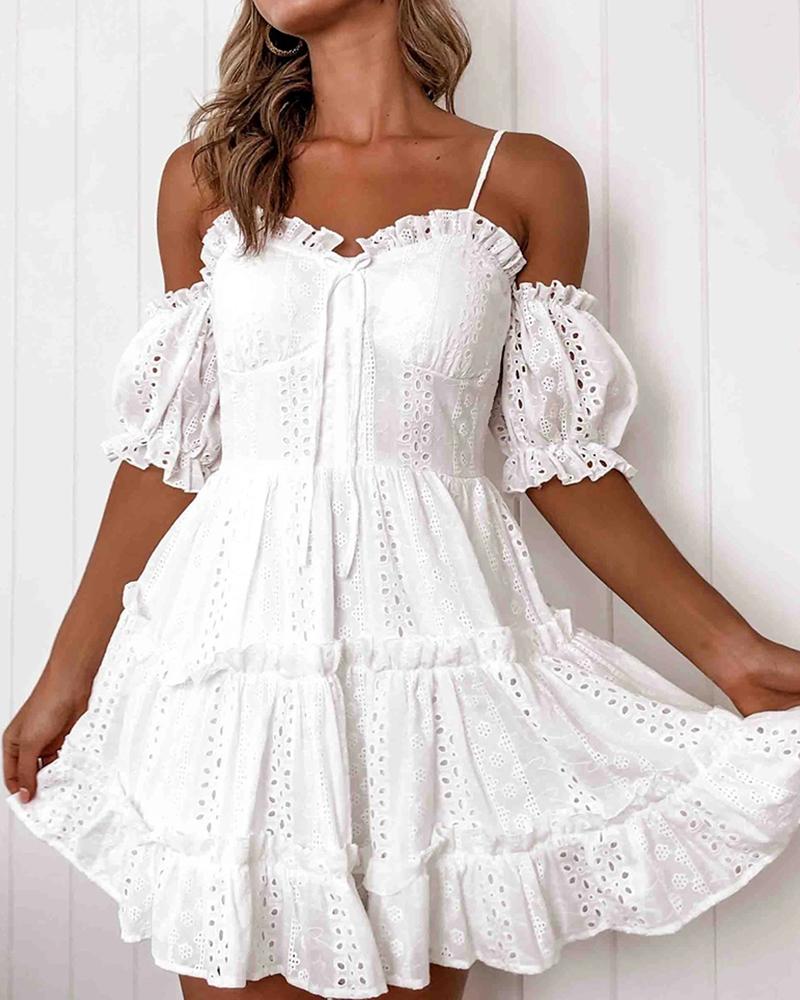 

Plain Lace Up Frill Hem Eyelet Embroidered Cami Dress, White