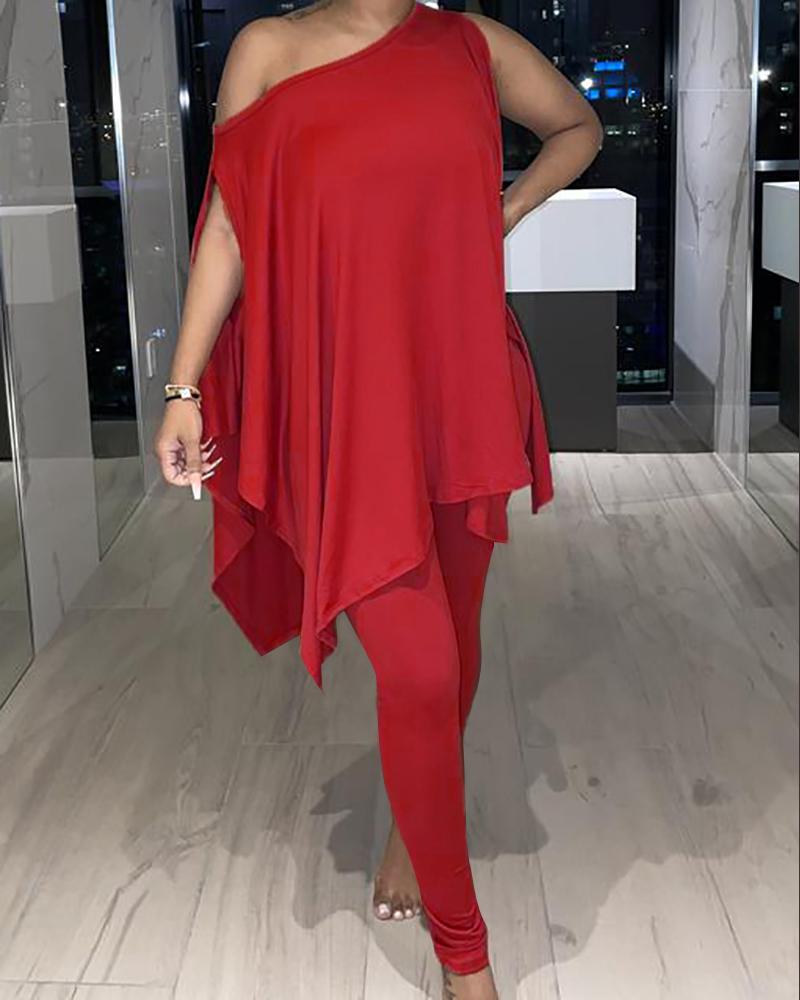 

One Shoulder High Slit Top & Pants Set, Red