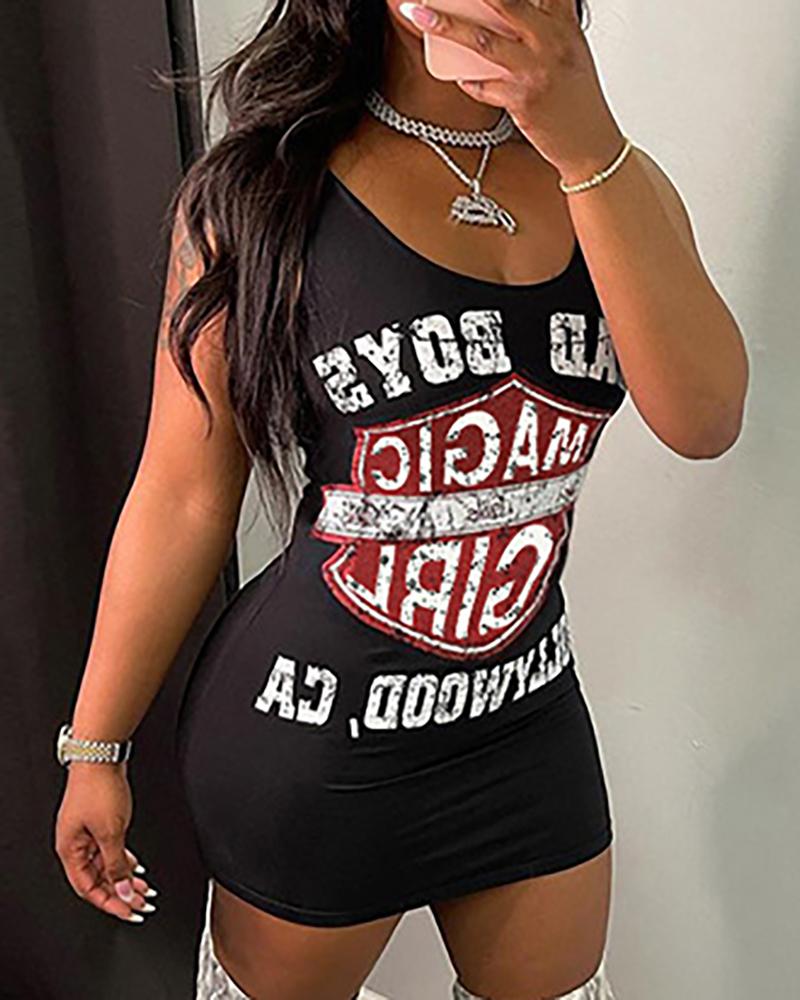 

U Neck Letter / Graphic Print Sleeveless Dress, Style1