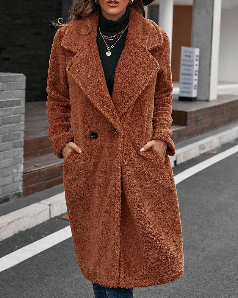 

Pocket Button Design Long Sleeve Teddy Coat, Brown