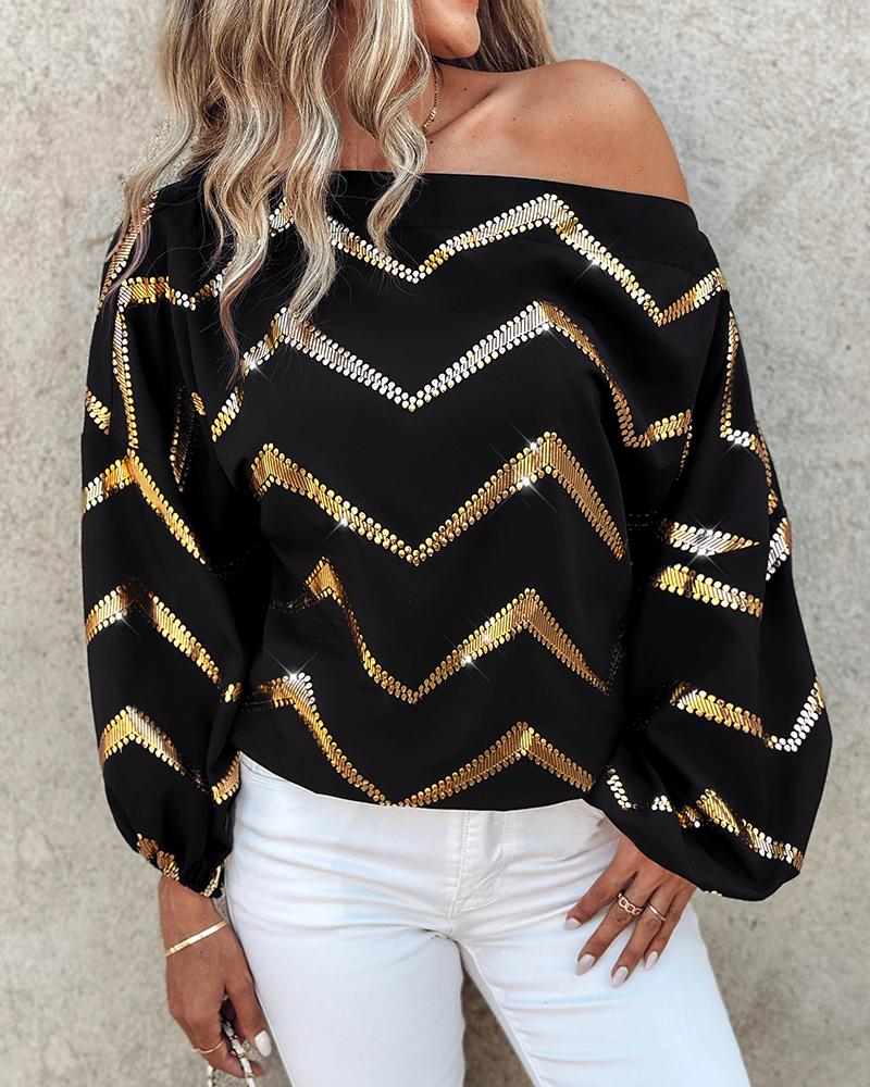 

Bronzing Chevron Print Lantern Sleeve Top, Black