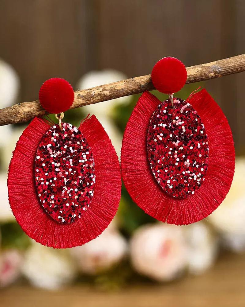 

1Pair Glitter Tassel Oval Stud Earrings, Red