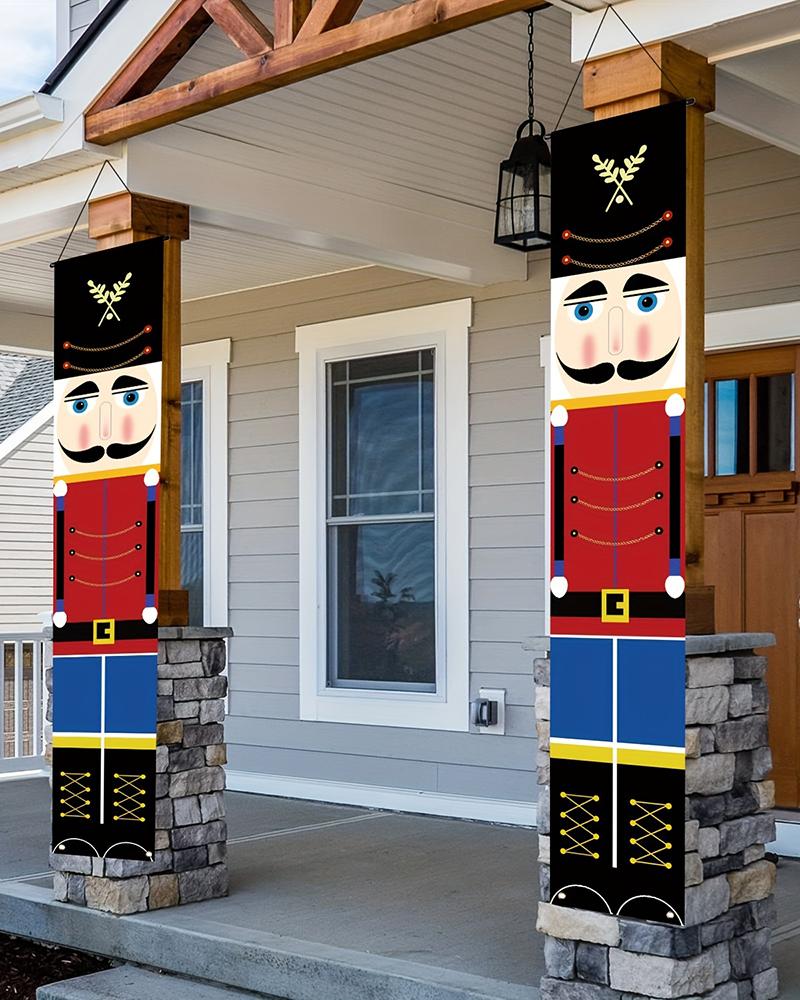 

2pcs Christmas Nutcrackers Hanging Banners Outside Door Porch Sign Decorations Set, Style1