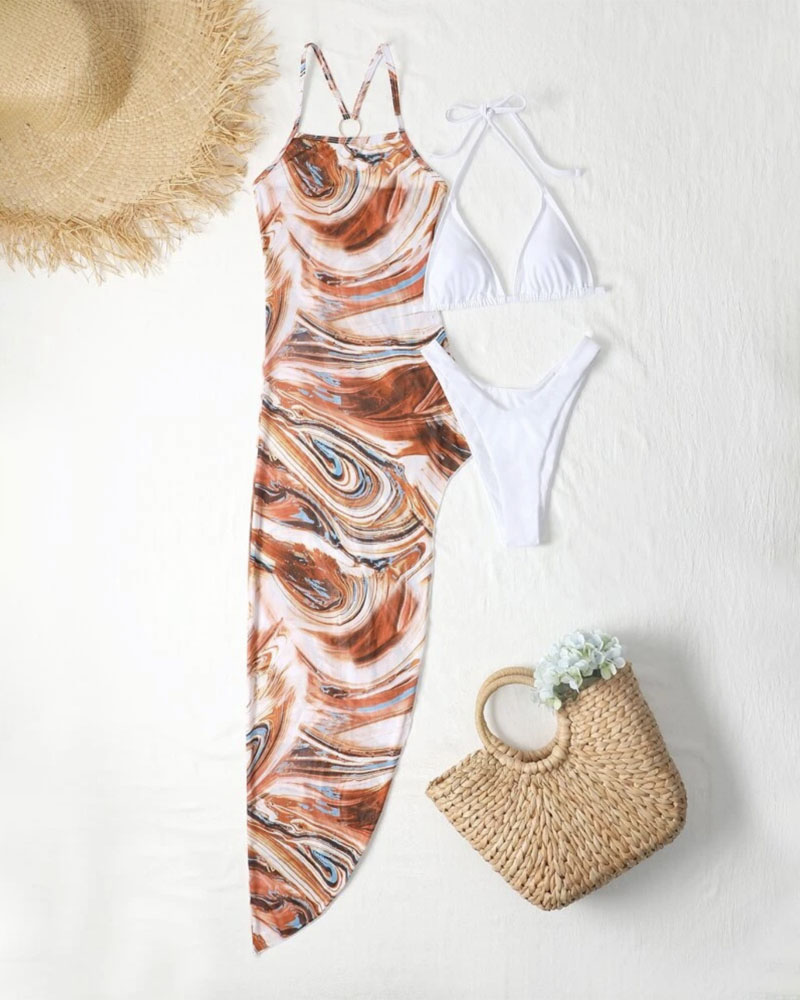 

3PCS Halter Bikini Set With Marble Print O-Ring Sheer Mesh Cover Up, Coffee