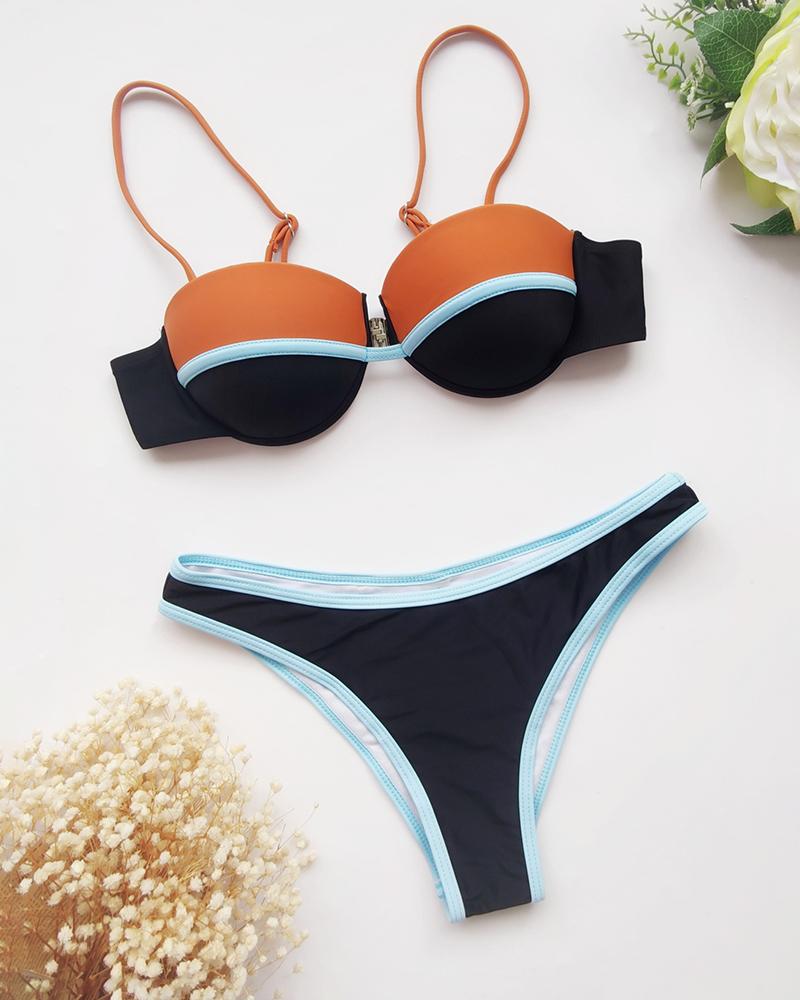 

Contrast Binding Colorblock Spaghetti Strap Bikini Set, Black