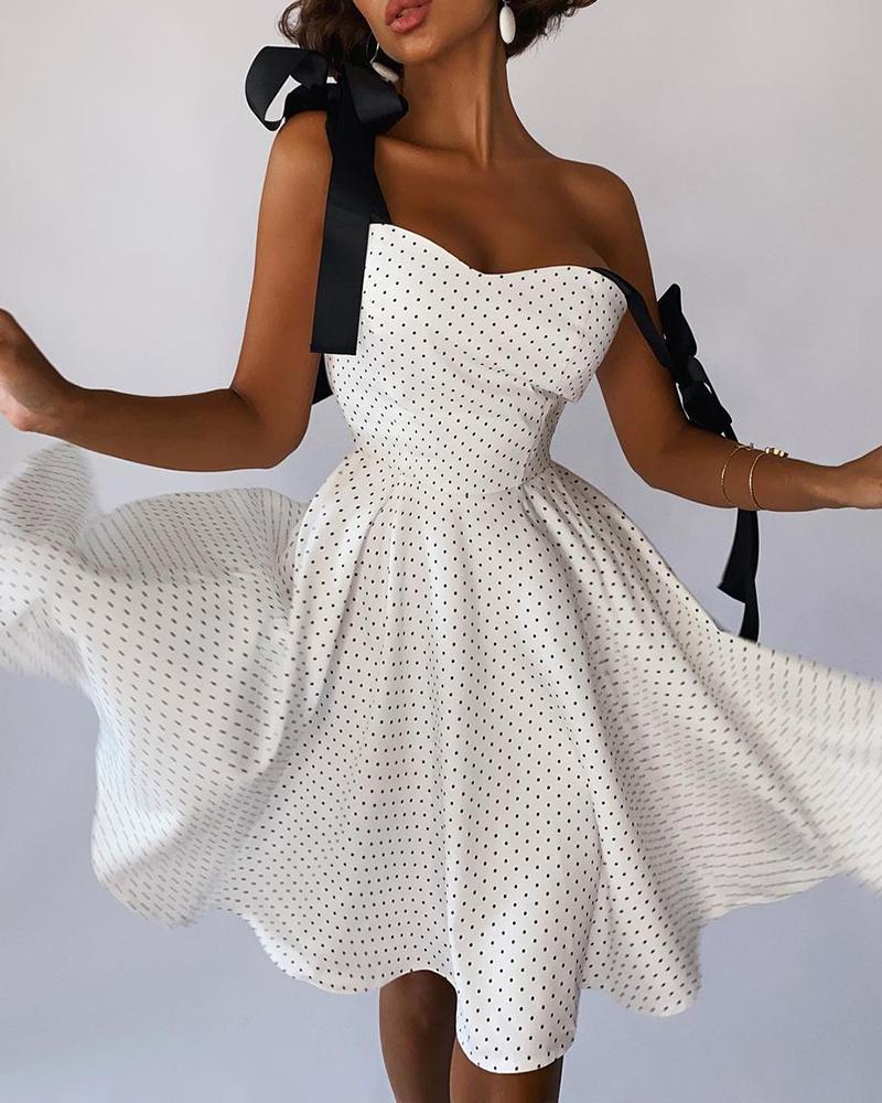 

Polka Dot Knot Shoulder Zipper Back Midi Dress, White