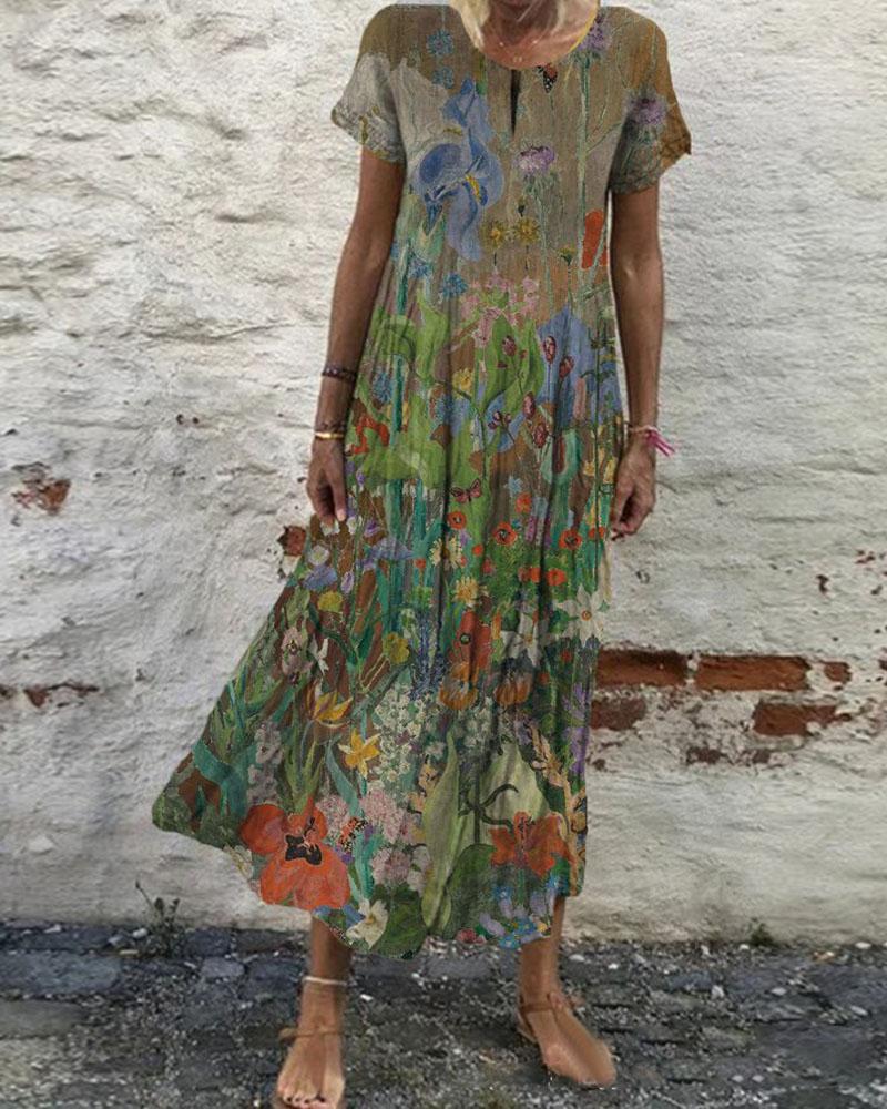 

Short Sleeve Floral Print Casual Dress, Green