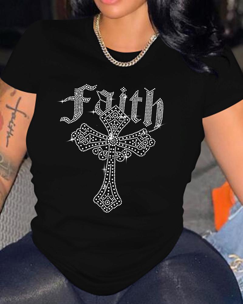 

O-Neck Rhinestone Cross Letter Pattern T-shirt, Black