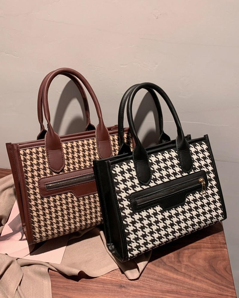 

Houndstooth Zipper Design Handbag, Black