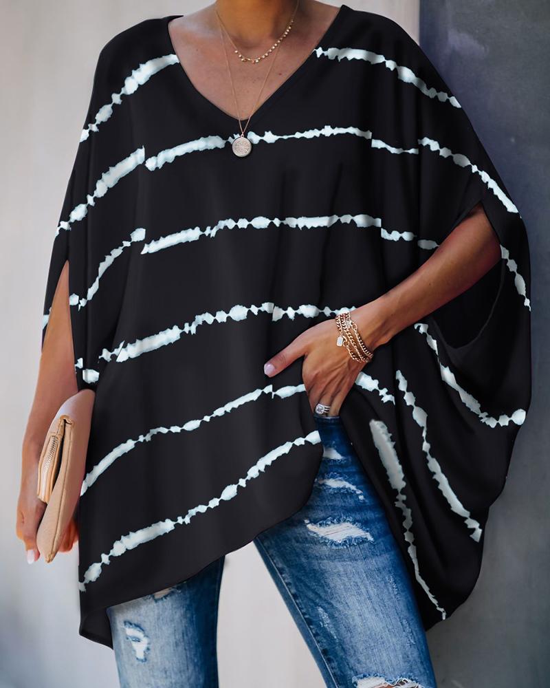 

Tie Dye Print Colorblock Batwing Sleeve Casual Blouse, Black