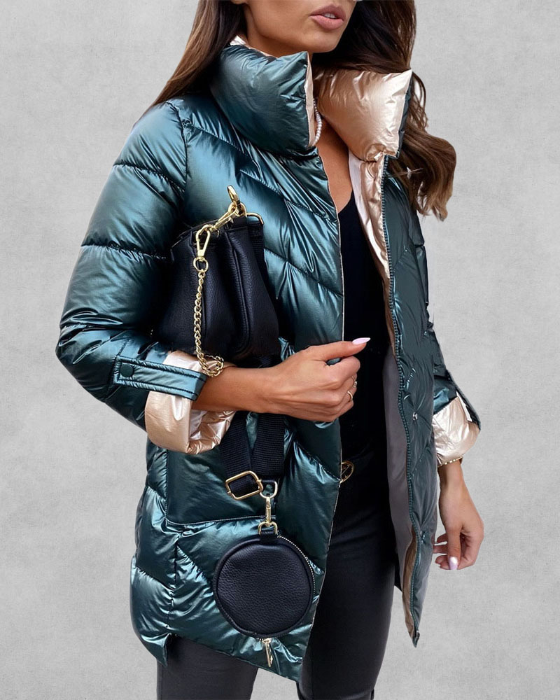 

Roll Up Sleeve Button Zip Front Puffer Coat, Green