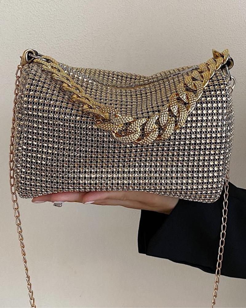 

Allover Rhinestone Chain Strap Fashionable Bag, Champagne