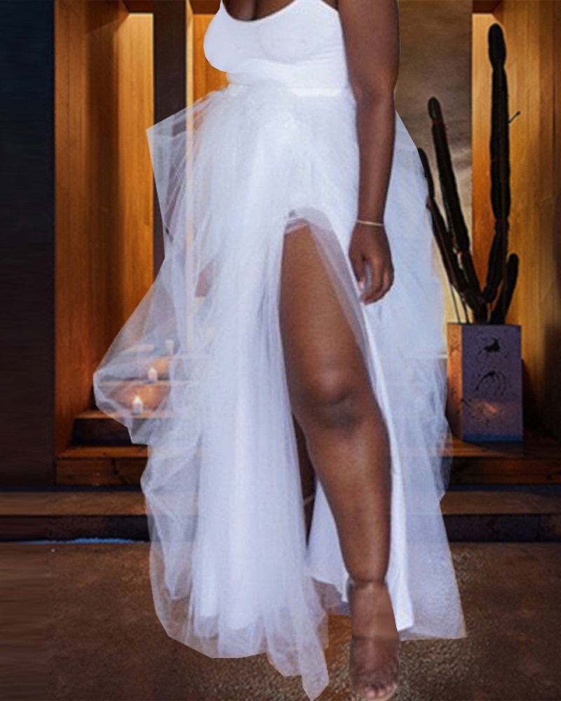 

High Slit Layered Sheer Mesh Tulle Tutu Skirt, White