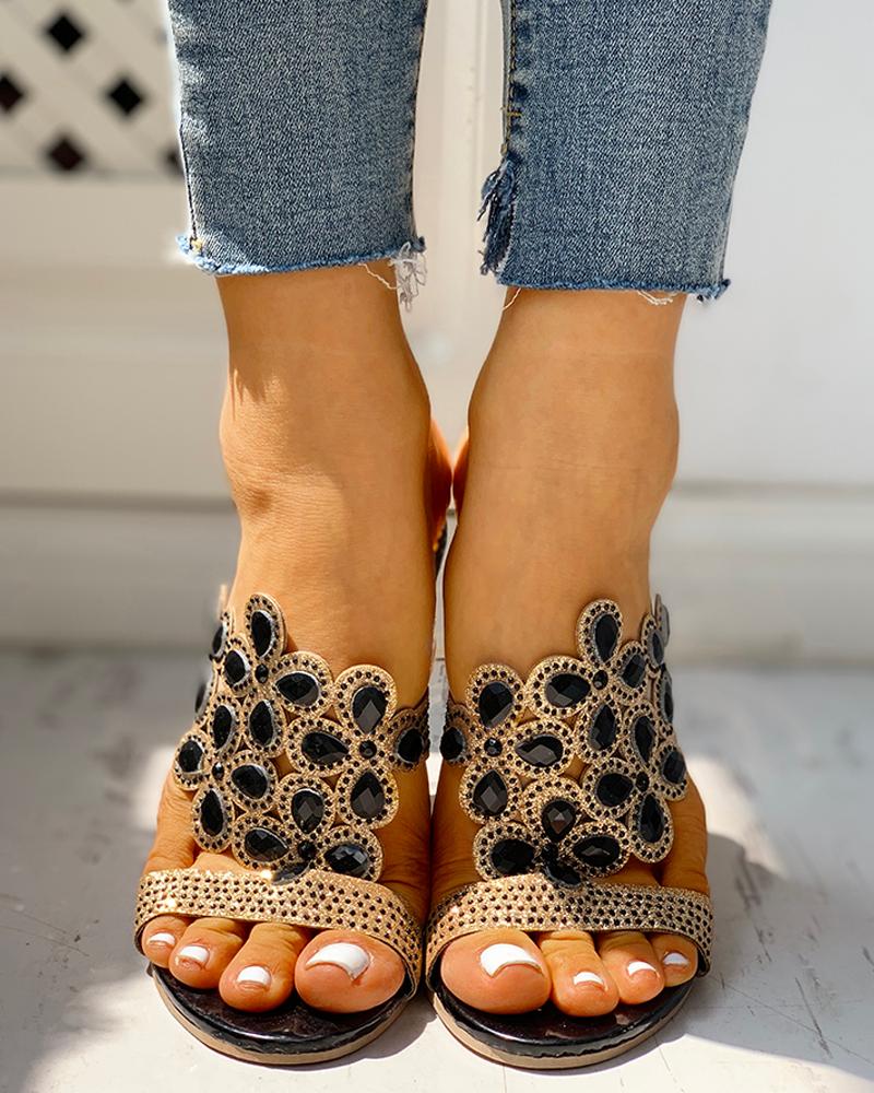 

Studded Diamante Trim Chunky Heeled Sandals, Black
