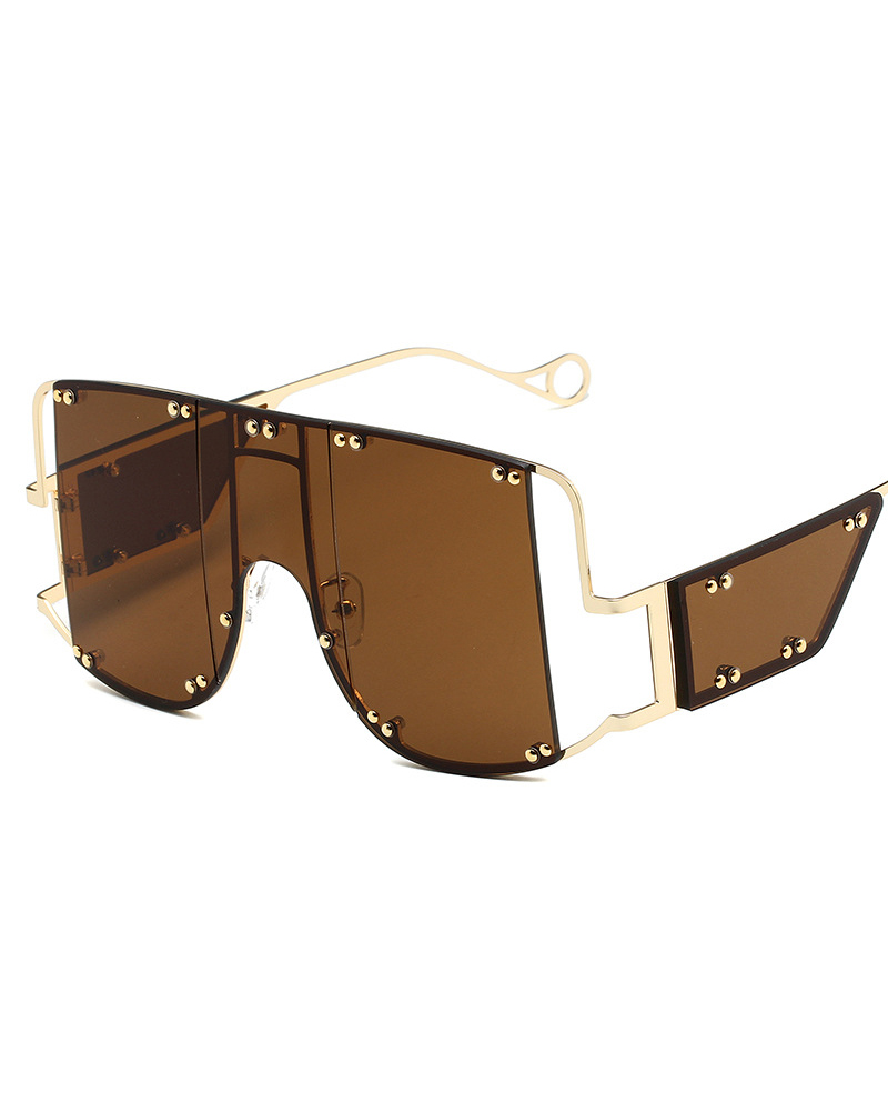 

1Pair Studded Decor Flat Top Tinted Fashion Sunglasses, Coffee