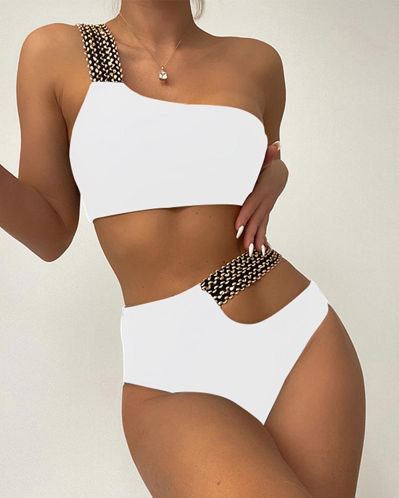 

Contrast Paneled One Shoulder Cutout High Waist Bikini Set, White