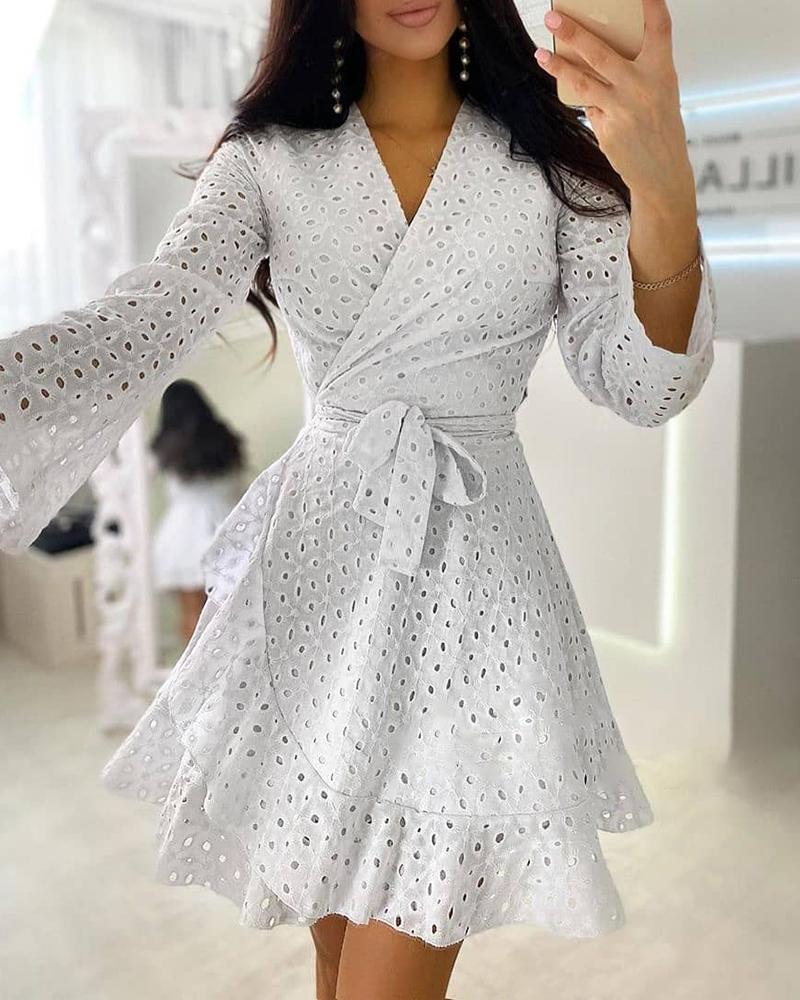 

Hollow Out Eyelet Embroidery Long Sleeve Wrap Women Dress, White