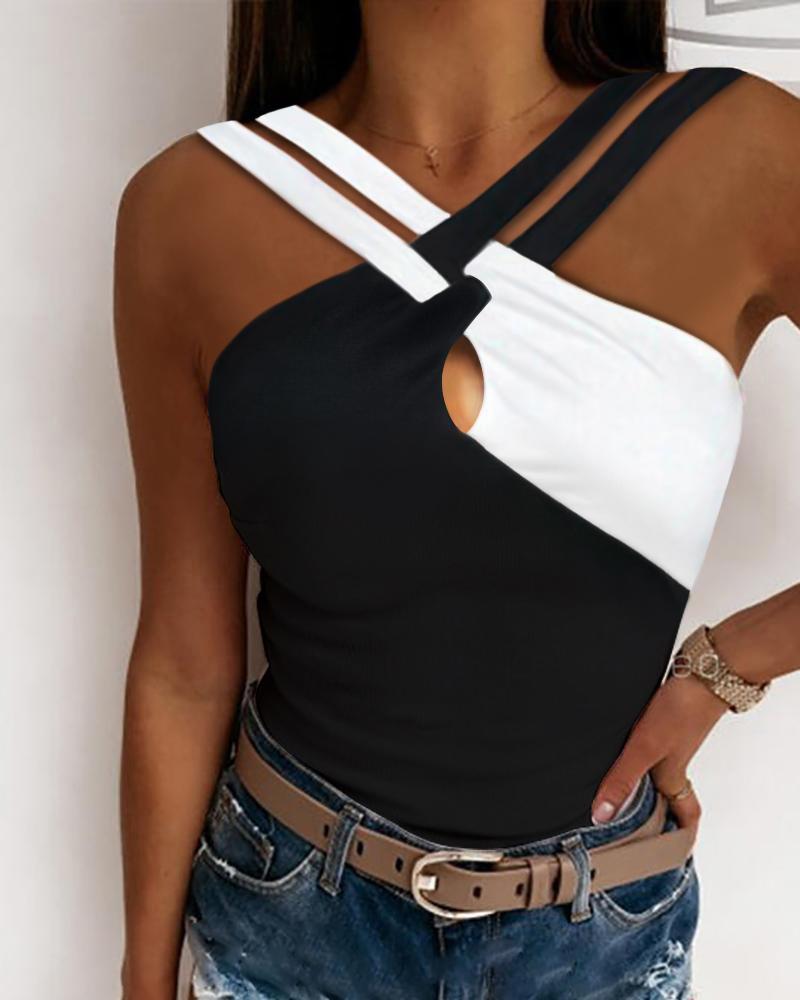 

Colorblock Crisscross Halter Tank Top, Blackwhite