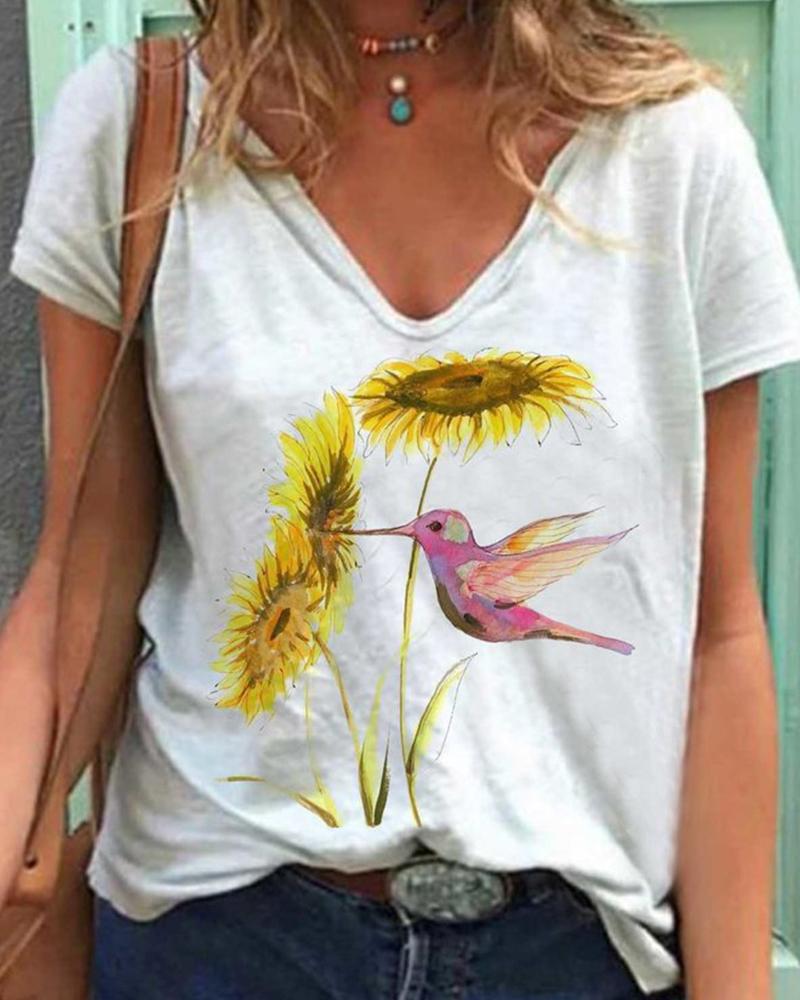 

Bird & Flower Print Short Sleeve T-shirts, White