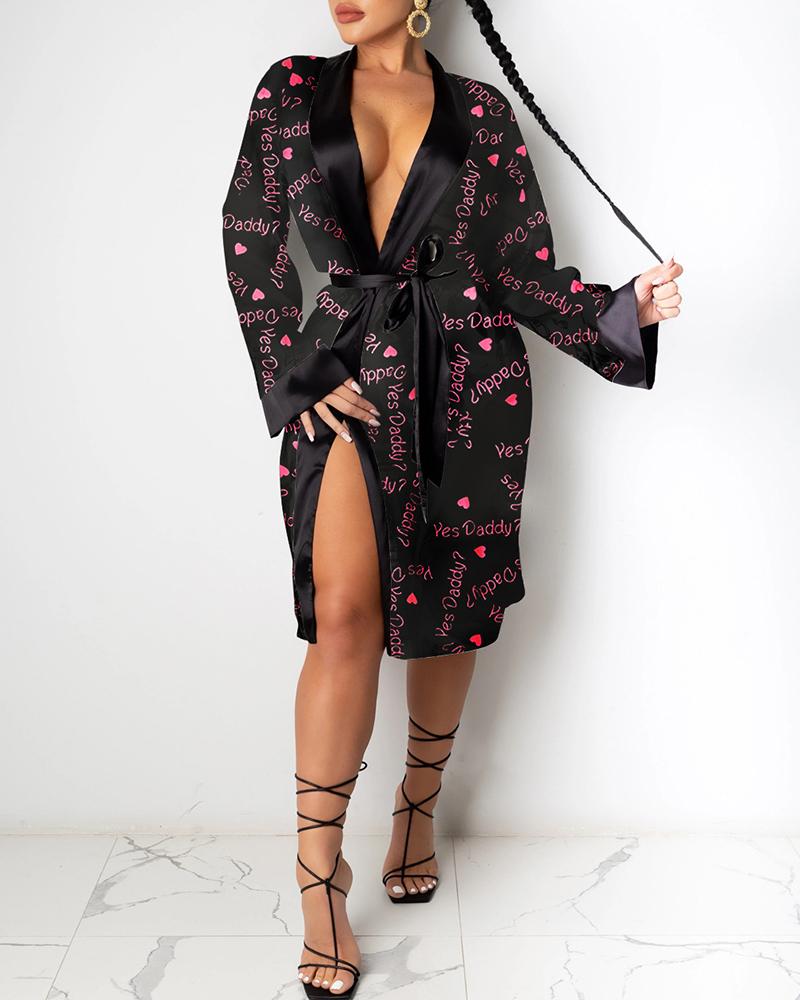

Cartoon / Letter / Butterfly Print High Slit Robe, Pink