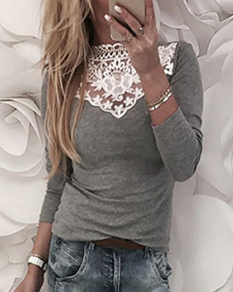 

O Neck Guipure Lace Patch Long Sleeve Top, Gray