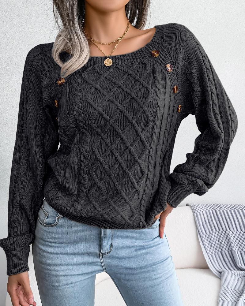 

Long Sleeve Button Decor Cable Knit Sweater, Black