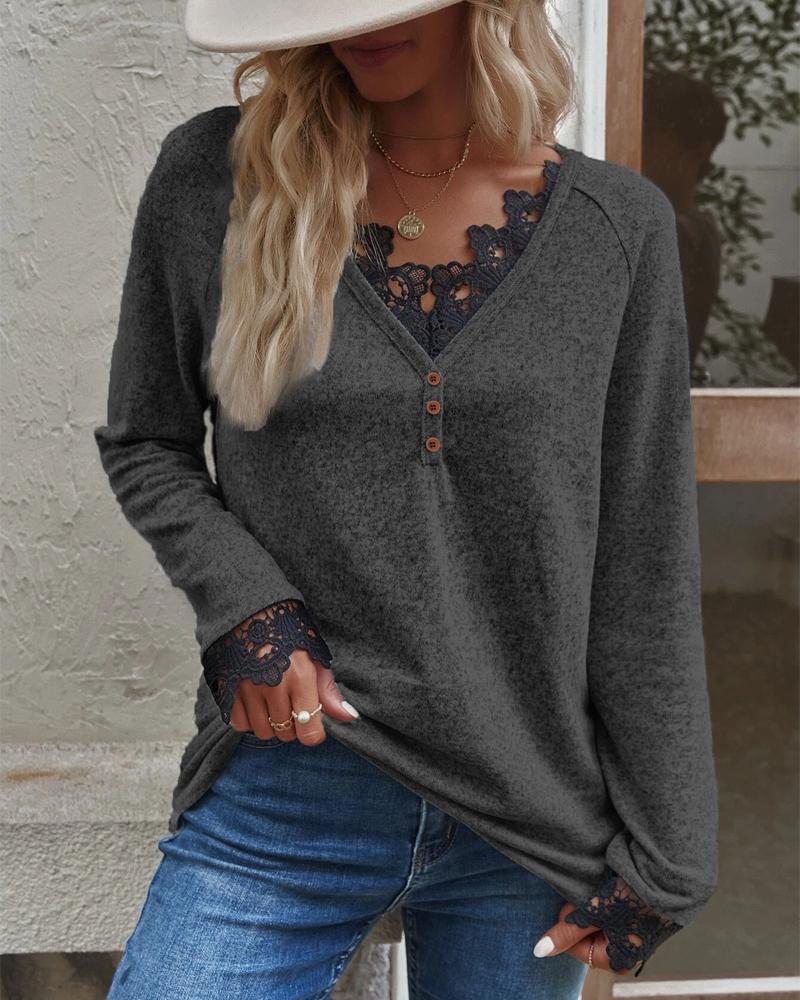 

Contrast Lace Long Sleeve Top, Black